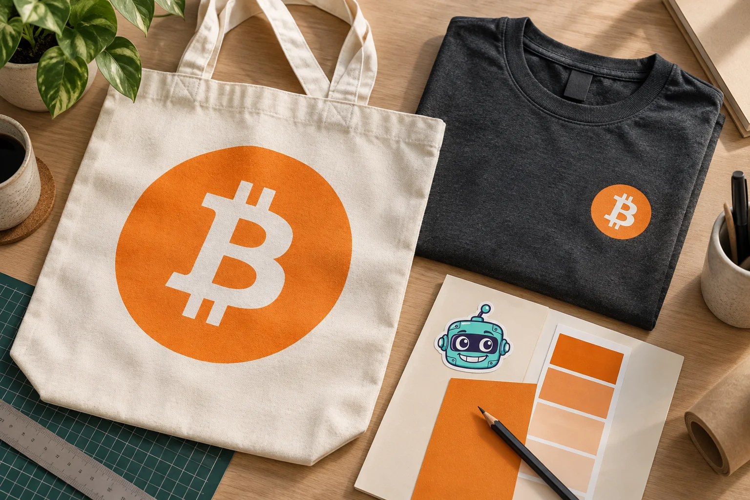 A cream tote and charcoal T-shirt with orange Bitcoin graphics on a design workbench, beside a folder bearing the Something Geeky robot sticker