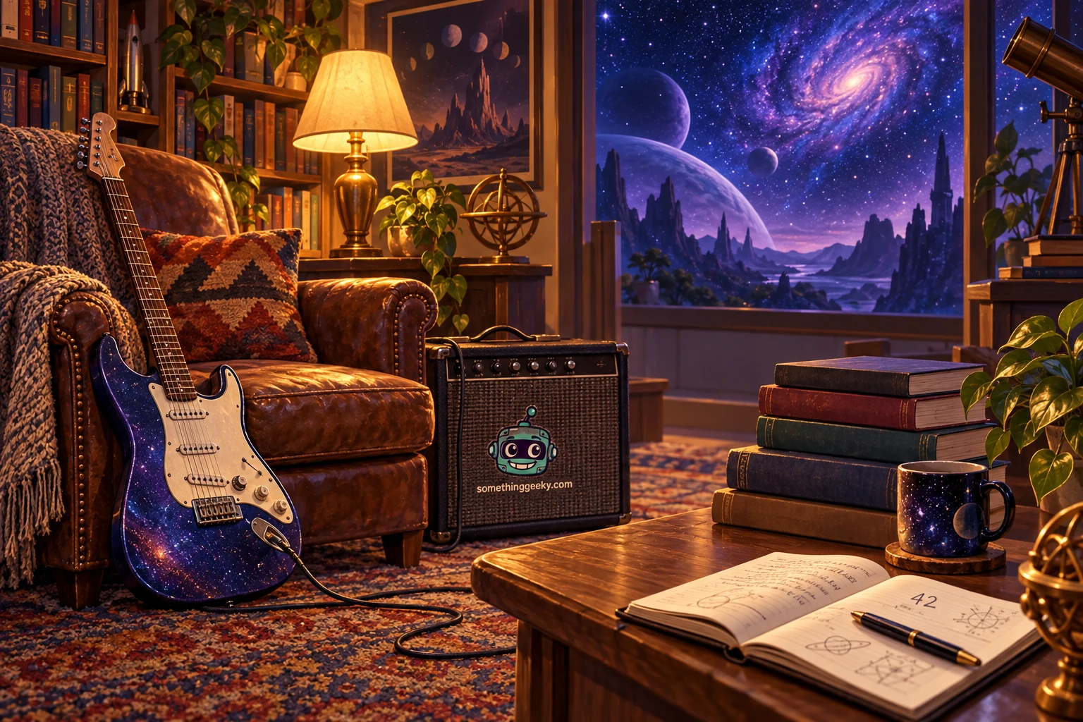An illustrated reading room with an electric guitar, books, a notebook marked 42 and a cosmic window, with a small Something Geeky robot decal on the amplifier