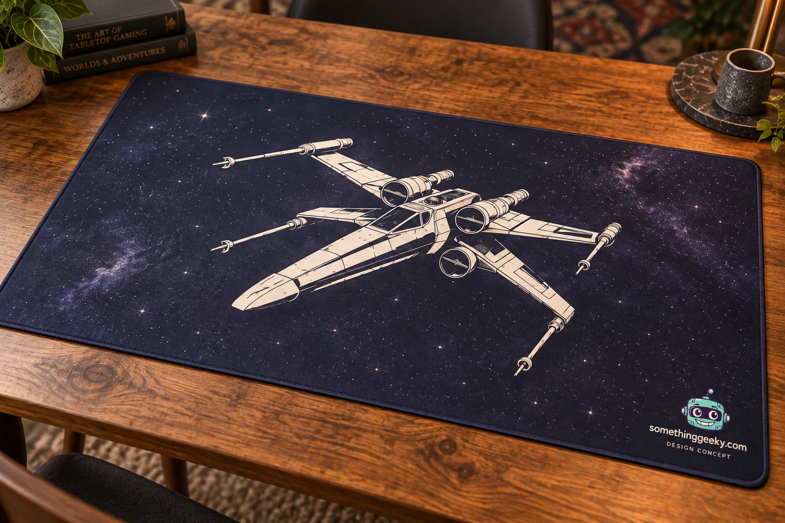 A navy starfield gaming playmat with an ivory X-wing illustration and a small Something Geeky robot mark on its stitched corner